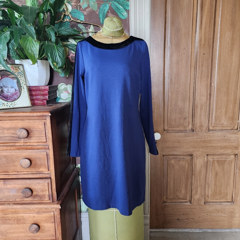 Boden Navy Blue Long Sleeve Shift Dress with Black Trim